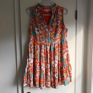 KARLIE Floral Print Ruffle Neck Tiered Dress Orange Aqua Blue Yellow Size L